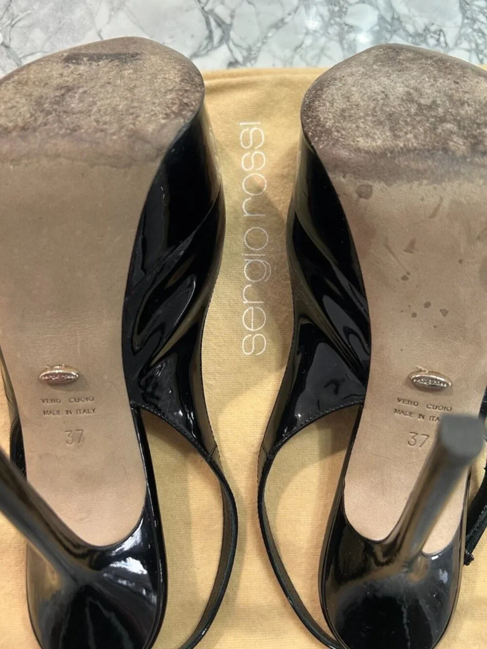 SERGIO ROSSI Black Patent Leather Platform Slingback Sandals Almond Peep Toe
